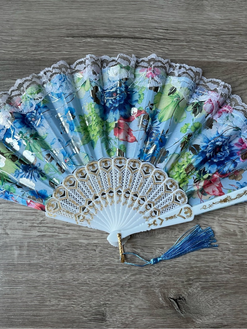 Blue Floral Lace Folding Hand Fan with Gold Detail